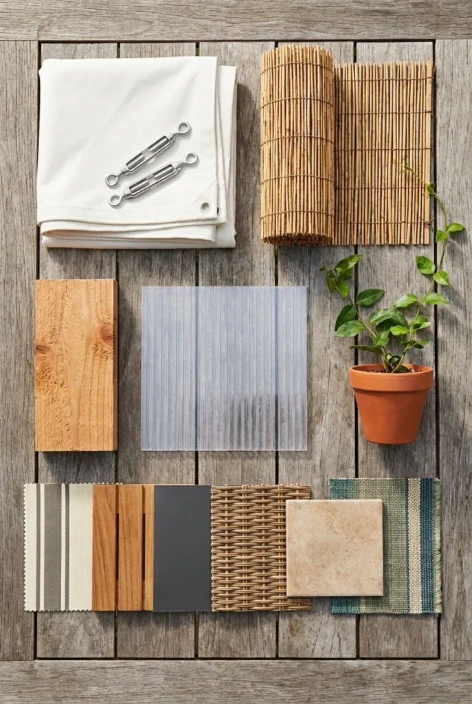 Budget covered patio cover materials compared in an overhead flat lay