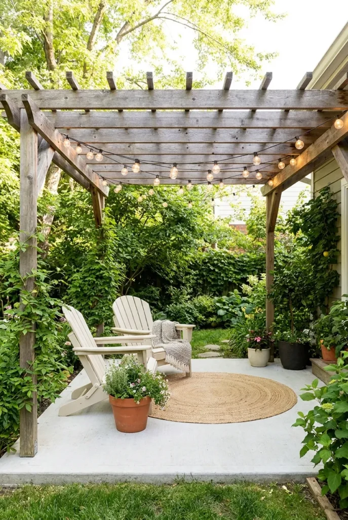 Covered patio ideas on a budget with cedar pergola and warm string lights