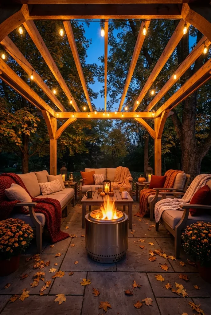 Covered patio ideas for year-round use with a fire pit at fall dusk