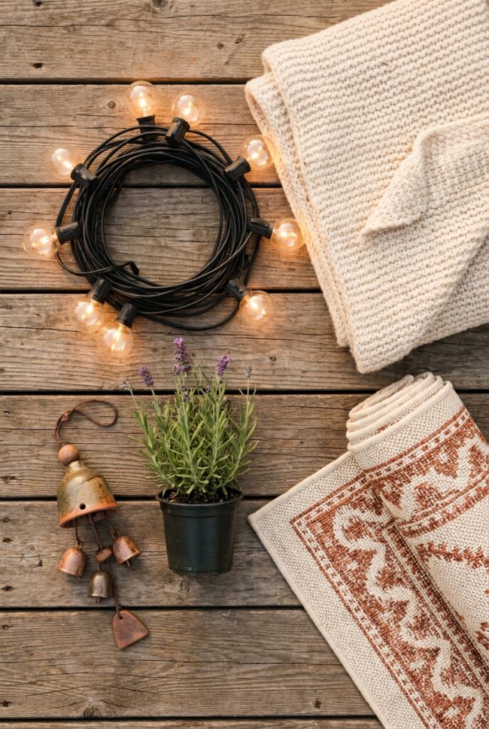 Five layer cozy backyard ideas checklist overhead flat lay with string lights, throw, lavender, and rug.