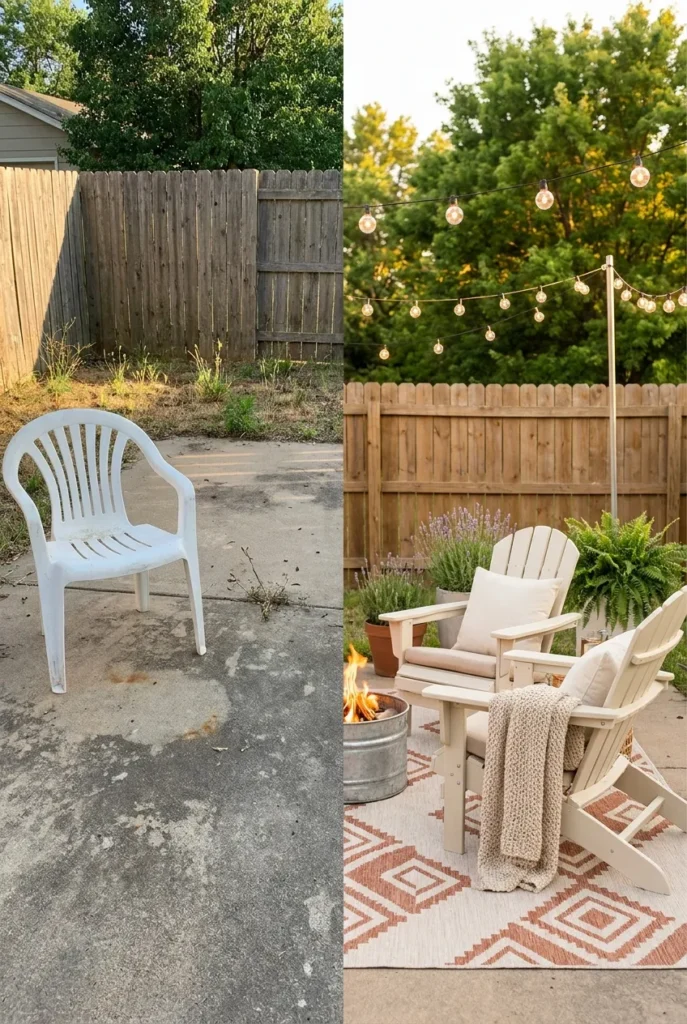 Cozy backyard ideas before and after comparison with bare patio versus layered rug, chairs, and lights.