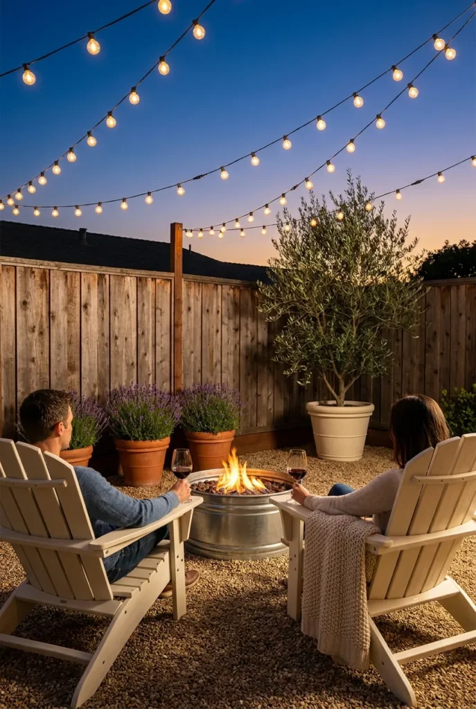 Cozy backyard ideas on a budget at dusk with couple, fire pit, string lights, and lavender fence border.