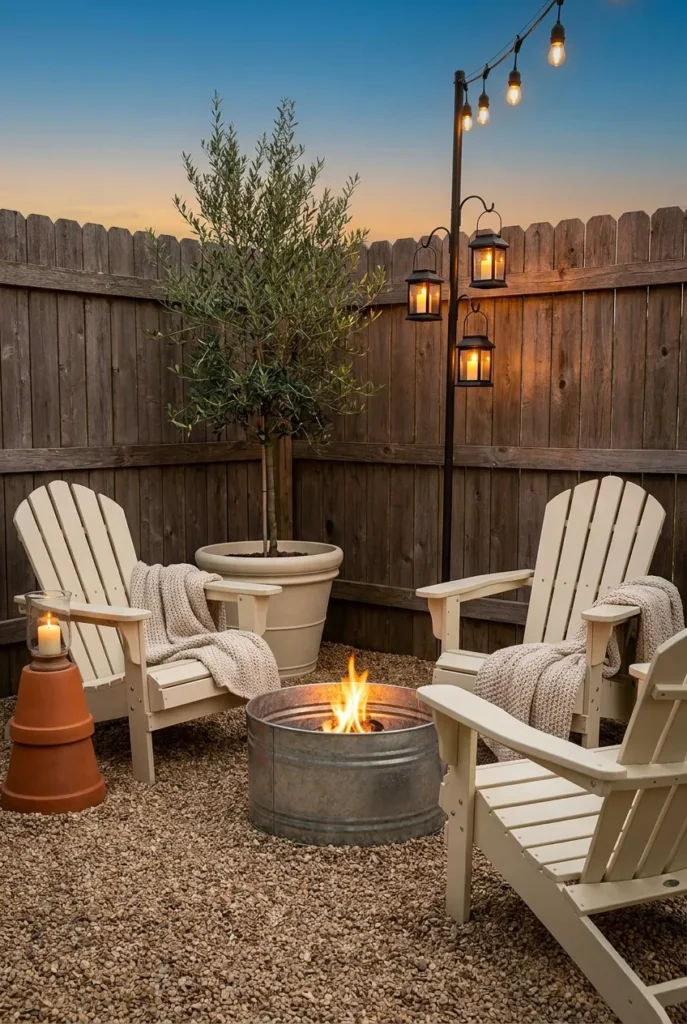Cozy backyard fire pit area ideas with Adirondack chairs, olive tree, and warm lanterns at dusk.