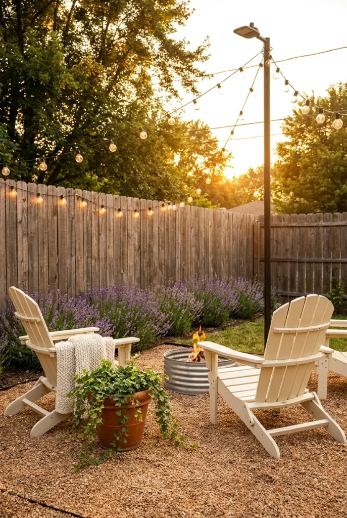 Cozy backyard ideas on a budget with Adirondack chairs, fire pit, and warm string lights at golden hour.
