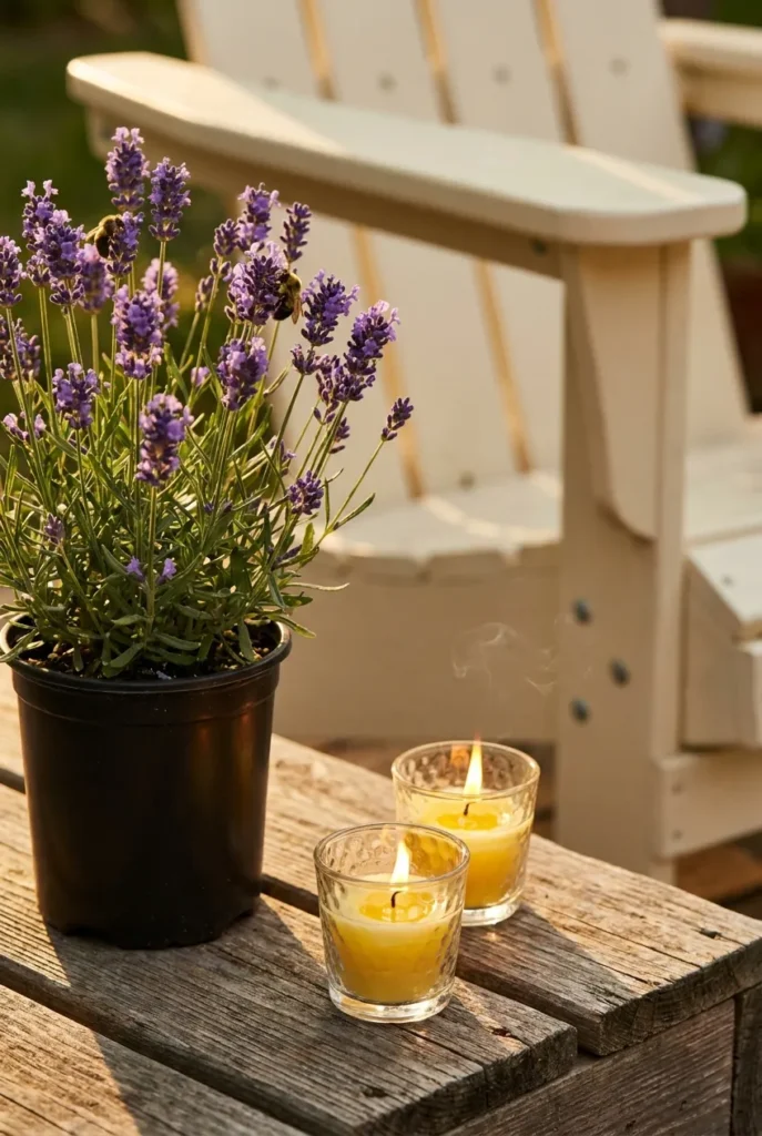Cozy backyard scent layer ideas with blooming lavender and citronella candles on cedar.