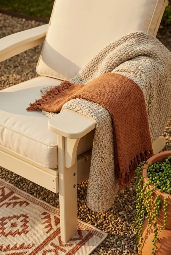 Cozy backyard ideas soft texture layering with Sunbrella cushion, knit throws, and indoor outdoor rug.