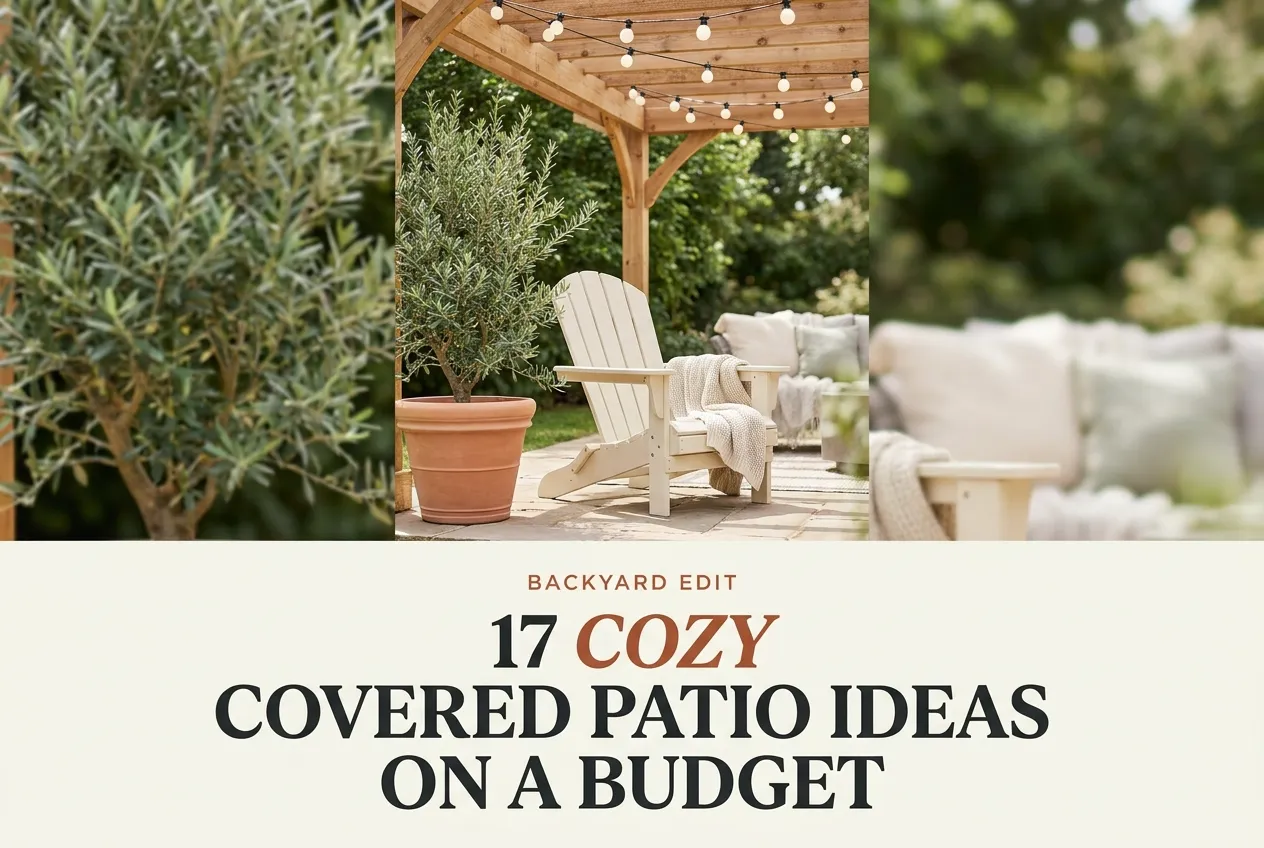 Cozy covered patio ideas on a budget with cedar pergola and warm string lights