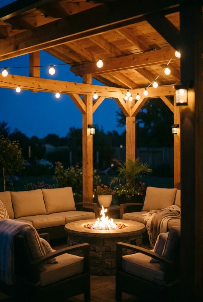 Cozy covered patio ideas at night with warm string lights under a pergola