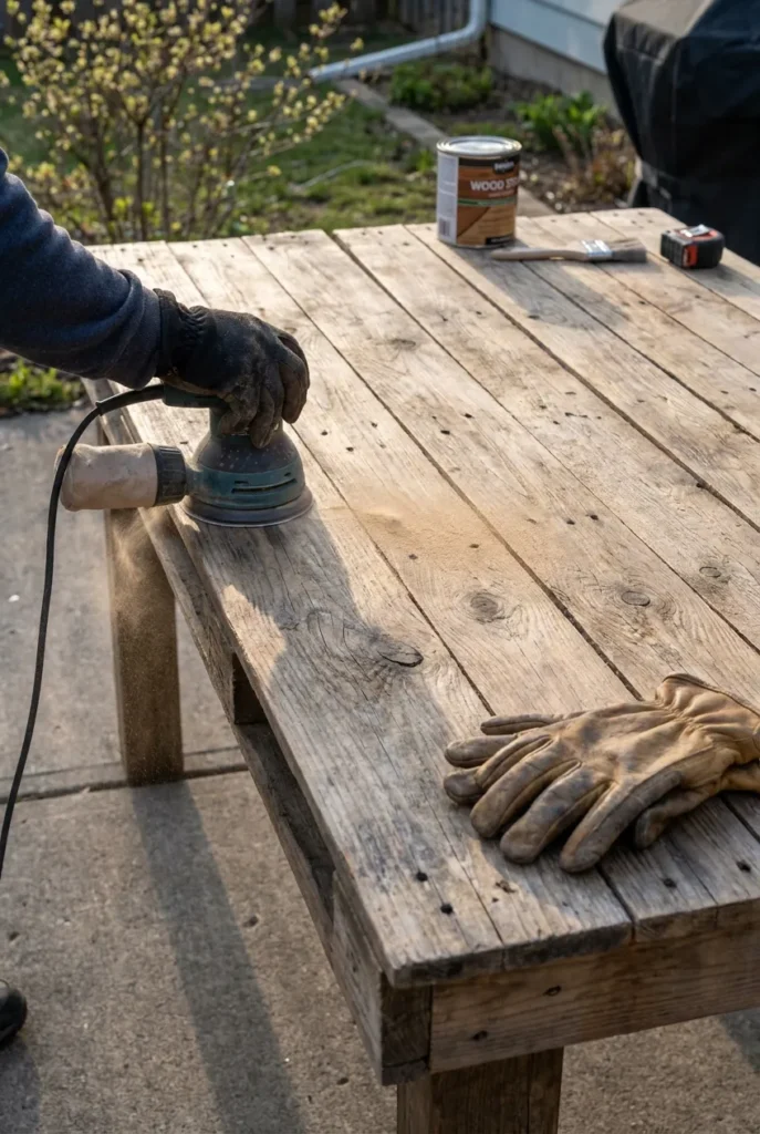 DIY outdoor dining table build using pallets being sanded down