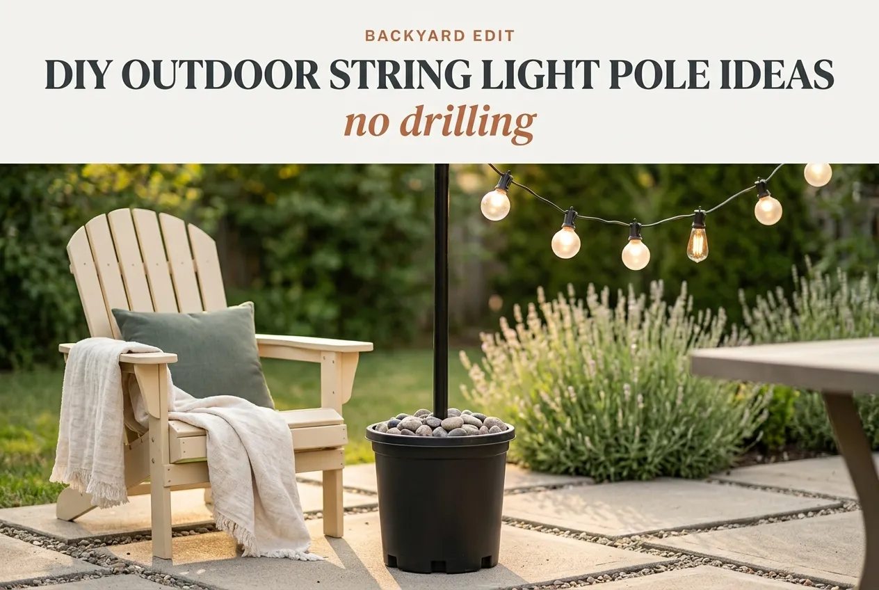 DIY outdoor string light pole ideas with no drilling cozy backyard patio at golden hour