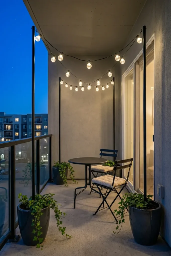 DIY string light poles on a small apartment balcony with planters