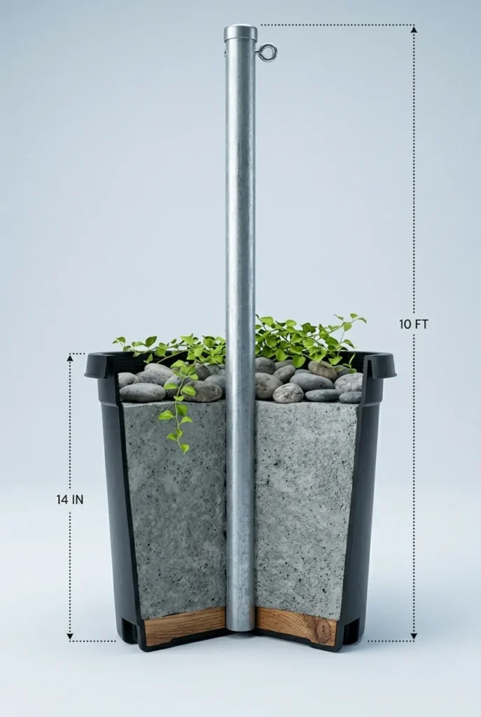 DIY string light pole base diagram showing concrete depth in planter