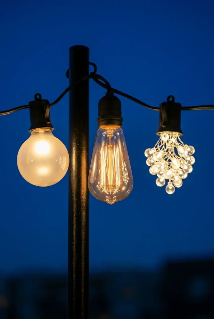 DIY string light poles on a small apartment balcony with planters