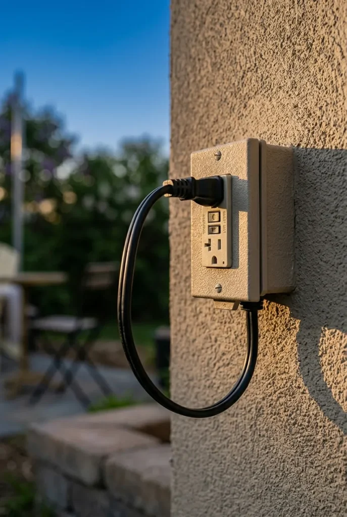 Outdoor string light drip loop at GFCI outlet to prevent water damage