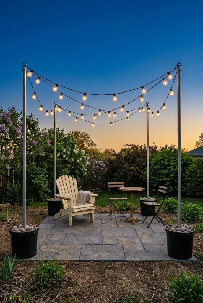 Finished DIY string light pole setup around a patio at golden hour