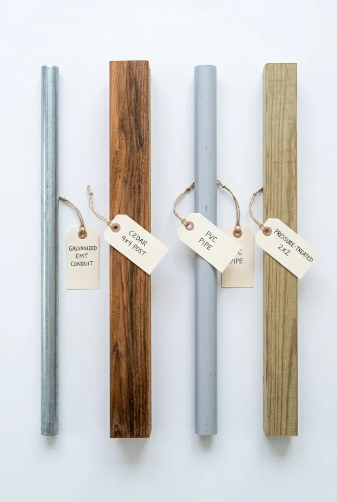 DIY string light pole material comparison samples conduit cedar PVC