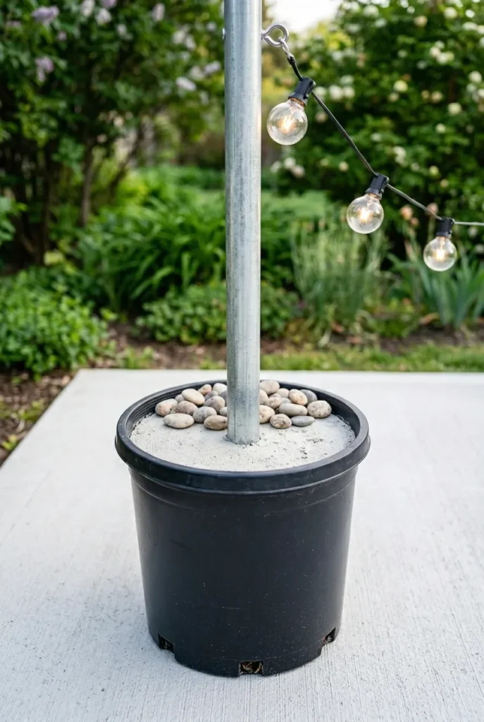 DIY string light pole in concrete planter base with G40 globe lights