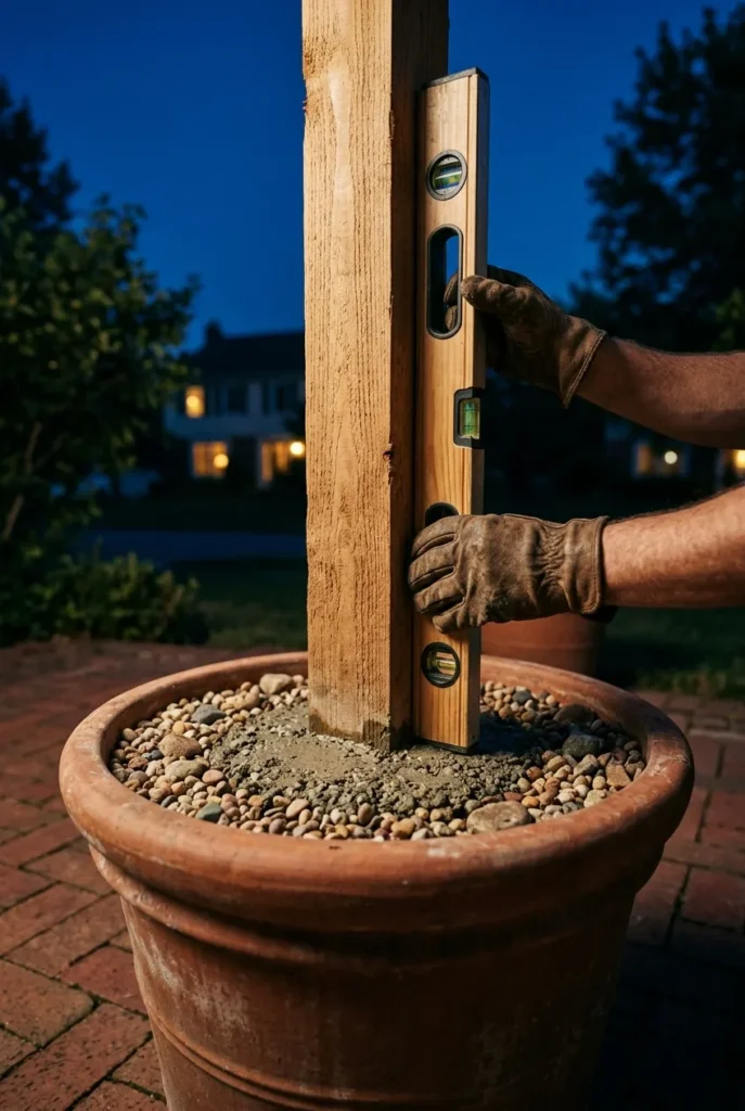 Setting a cedar 4x4 string light pole into a terracotta planter with concrete.