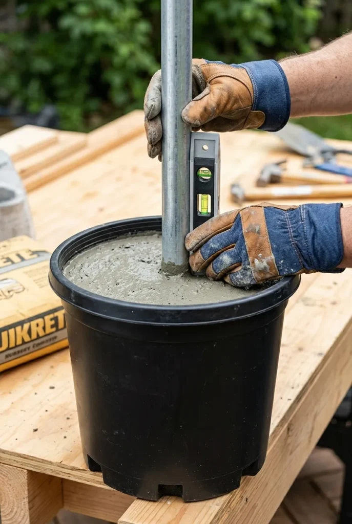 Setting a DIY string light pole plumb with bubble level in fresh concrete