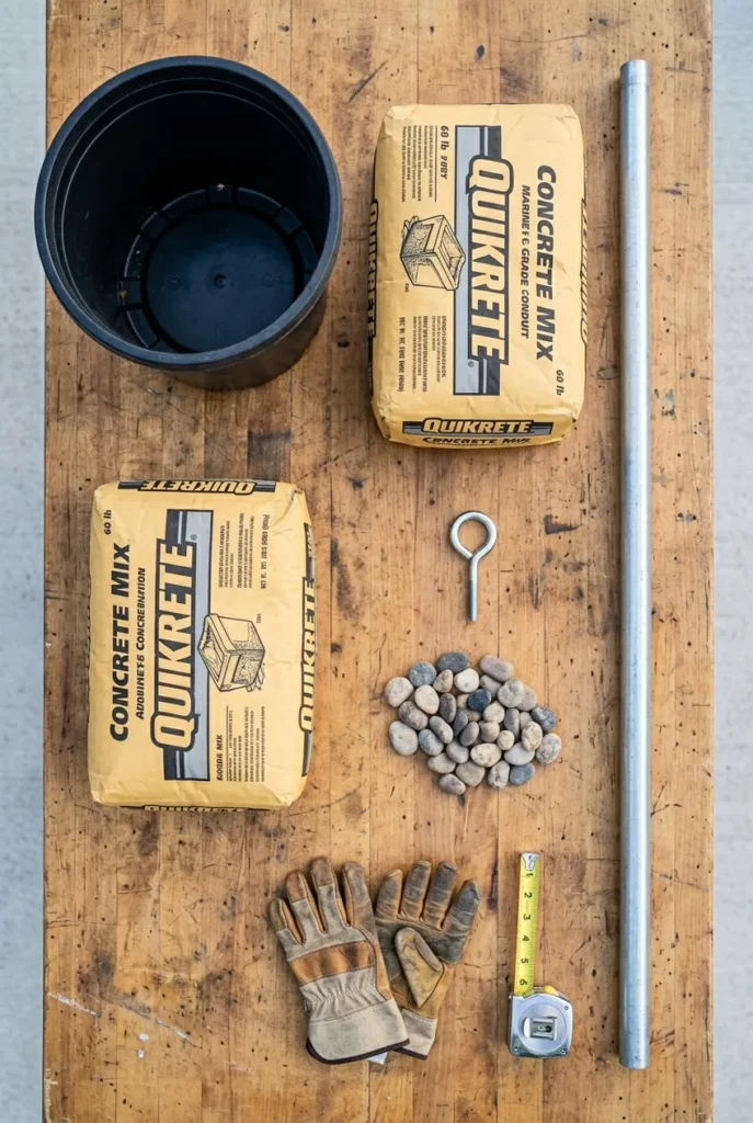 DIY planter pole supplies list flat lay with conduit and Quikrete