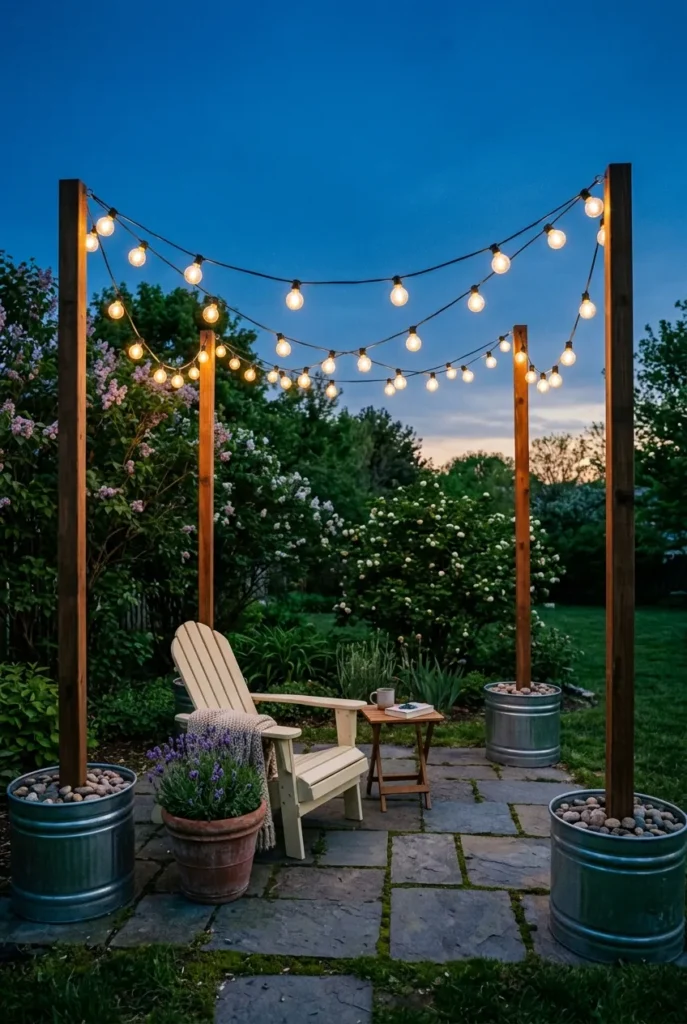 DIY string light poles in planters around a paver patio at dusk