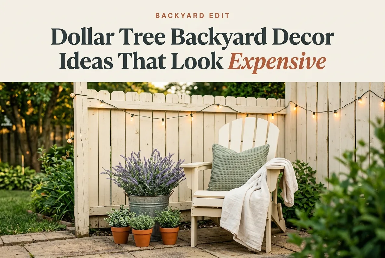 Dollar Tree backyard decor Pinterest pin with cream Adirondack chair, terracotta pots, and warm string lights.