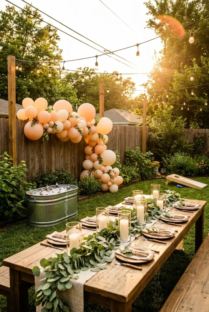 Dreamy backyard birthday party decorations under 150 dollars at golden hour