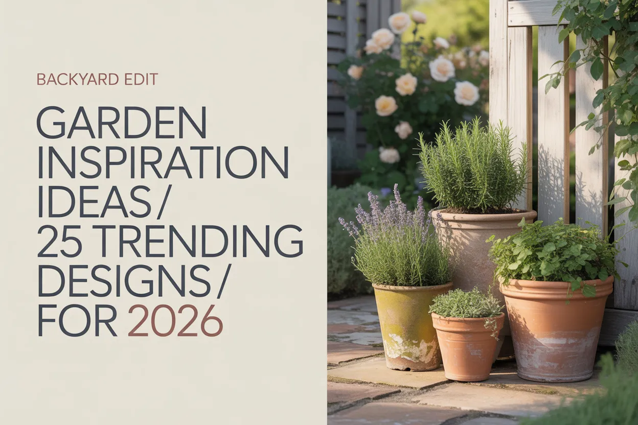 Pinterest pin for 25 trending garden inspiration ideas 2026 with cottage terracotta pots and lavender path