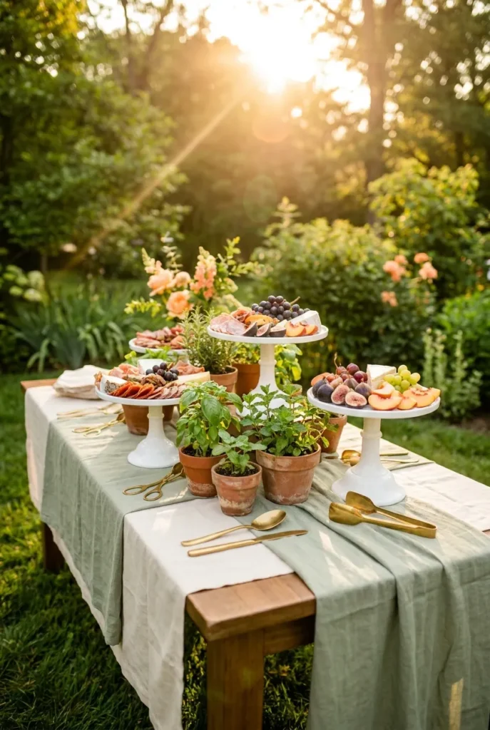 garden party outdoor tablescape ideas with layered cake stands