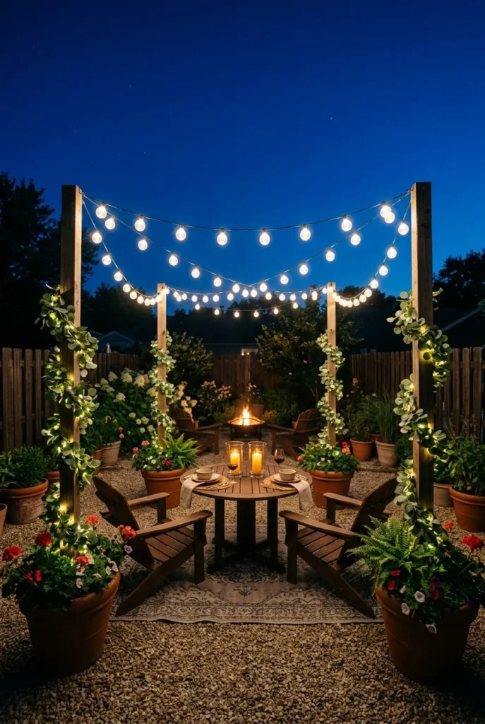 Cozy backyard string lights crosshatch canopy at blue hour over a small dining table.