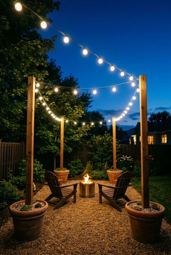 How to hang string lights in a backyard without trees using cedar poles in planters at blue hour.