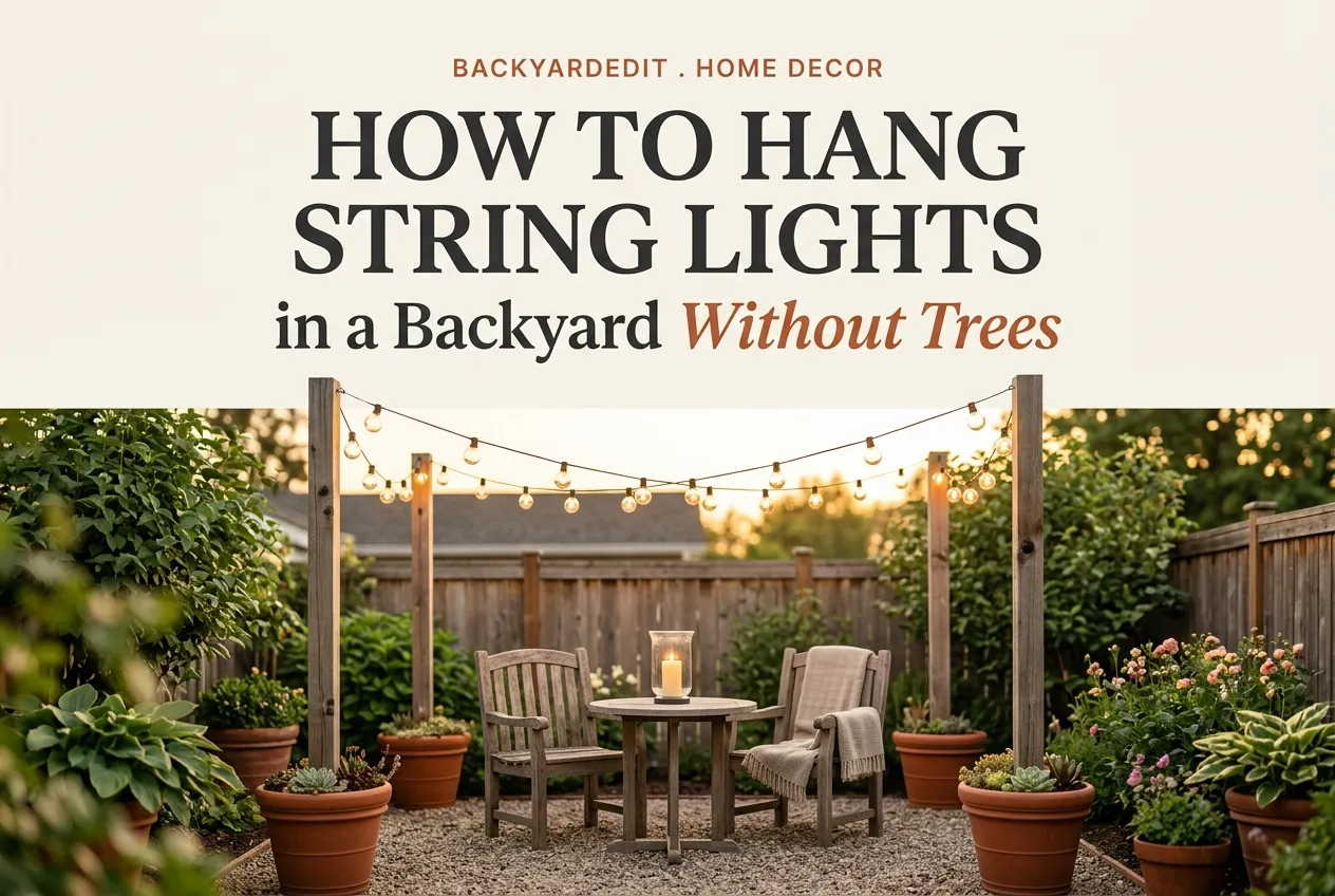 How to hang string lights in a backyard without trees using cedar poles and warm G40 globe bulbs at golden hour.