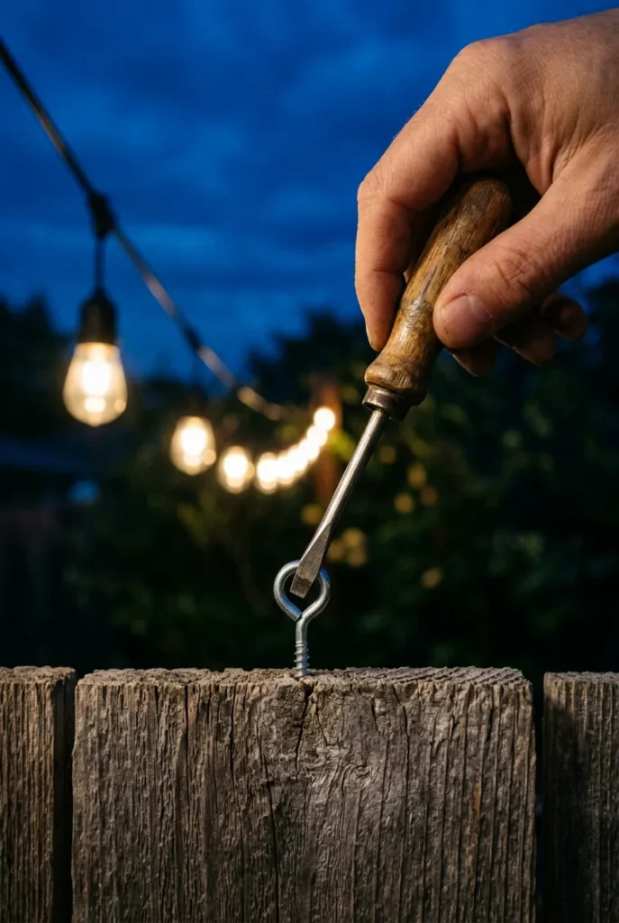 Installing a zinc screw hook into a cedar fence post for hanging backyard string lights.