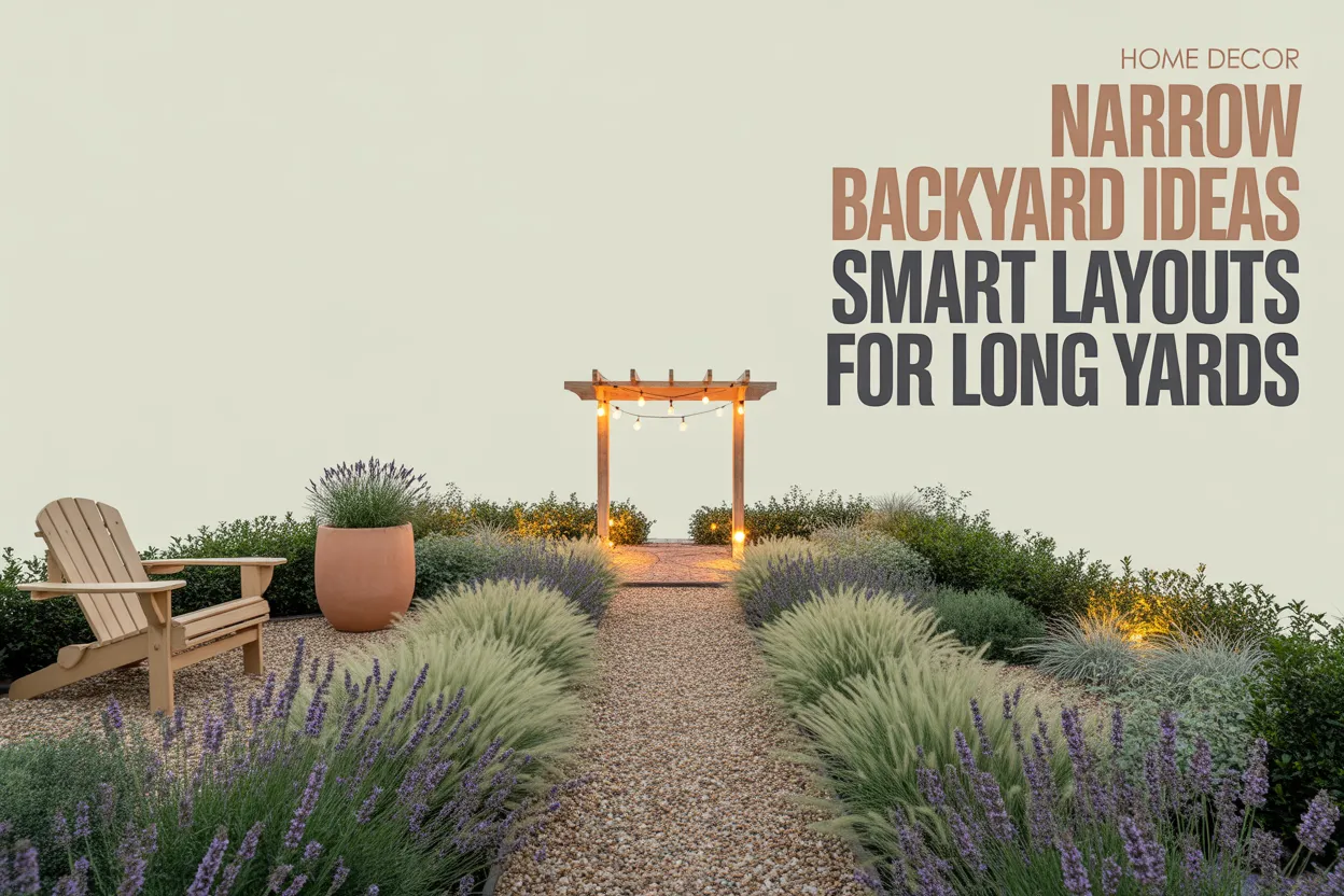 Narrow backyard ideas Pinterest pin with curved gravel path, lavender, pergola, and string lights at golden hour.