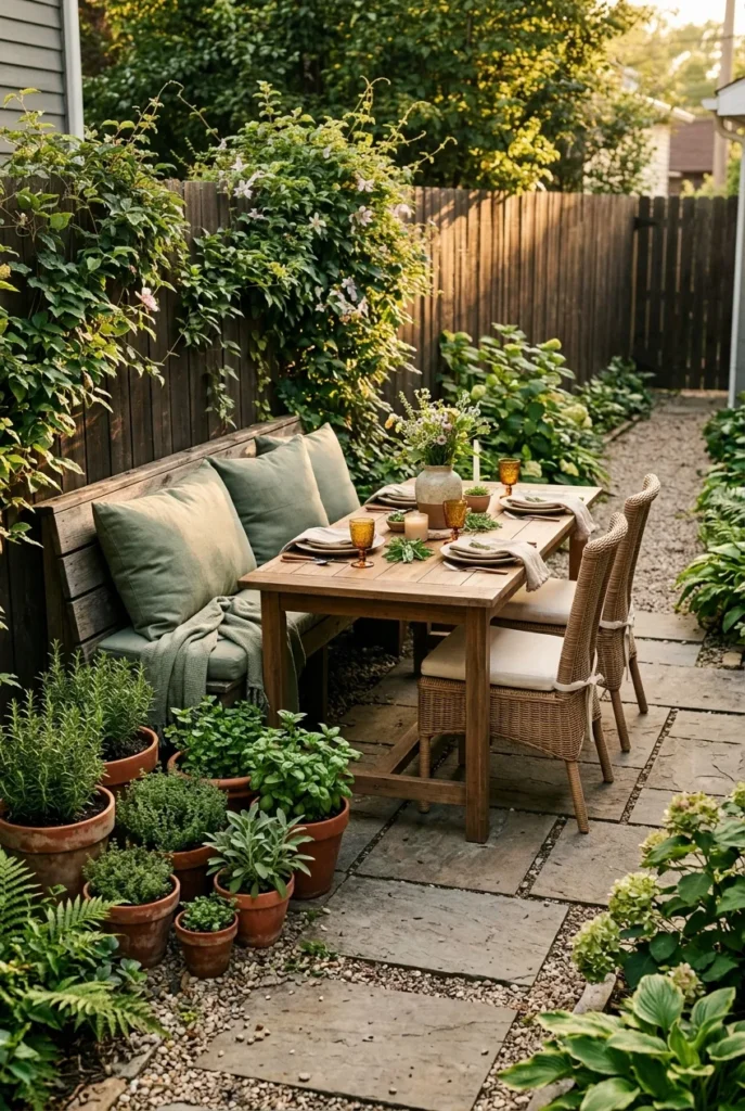 Narrow backyard outdoor dining table setup with banquette and bench