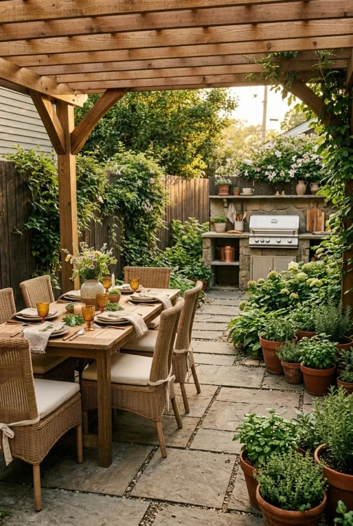 Outdoor dining area ideas combining kitchen and pergola dining zone
