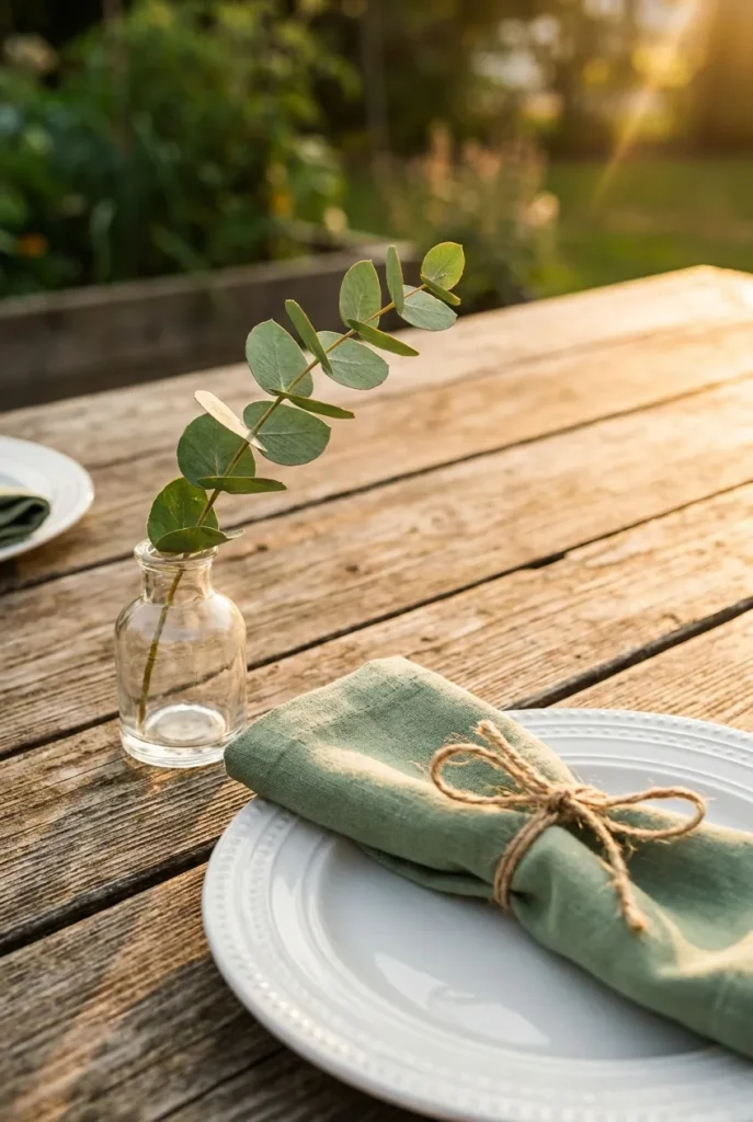 Outdoor dining table decor close-up with eucalyptus and linen napkin