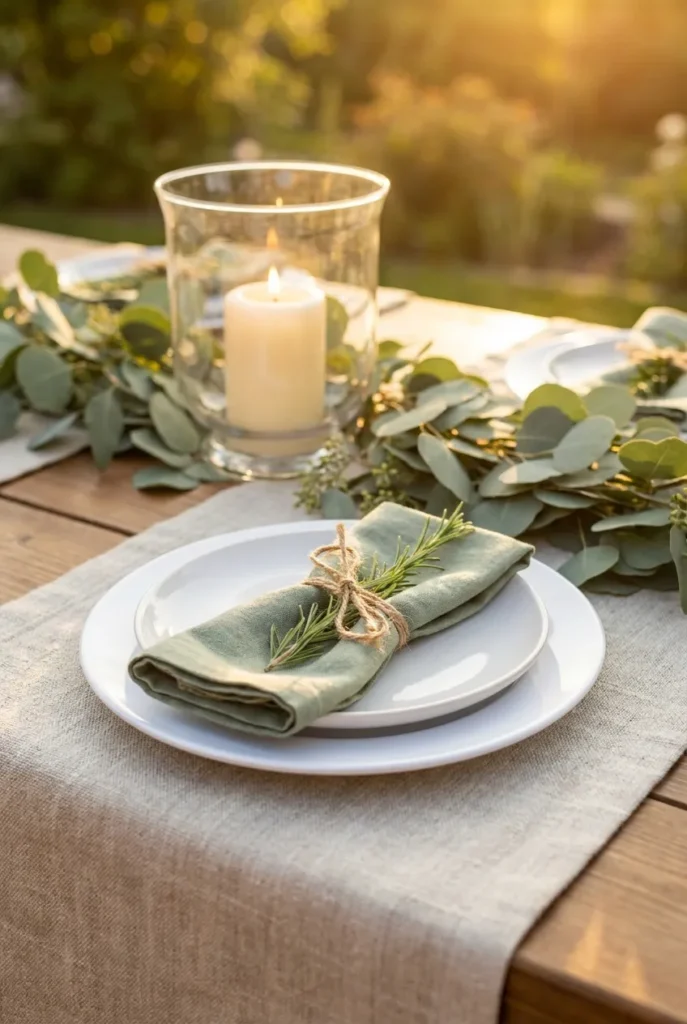 Outdoor dining table decor place setting with linen napkin and rosemary