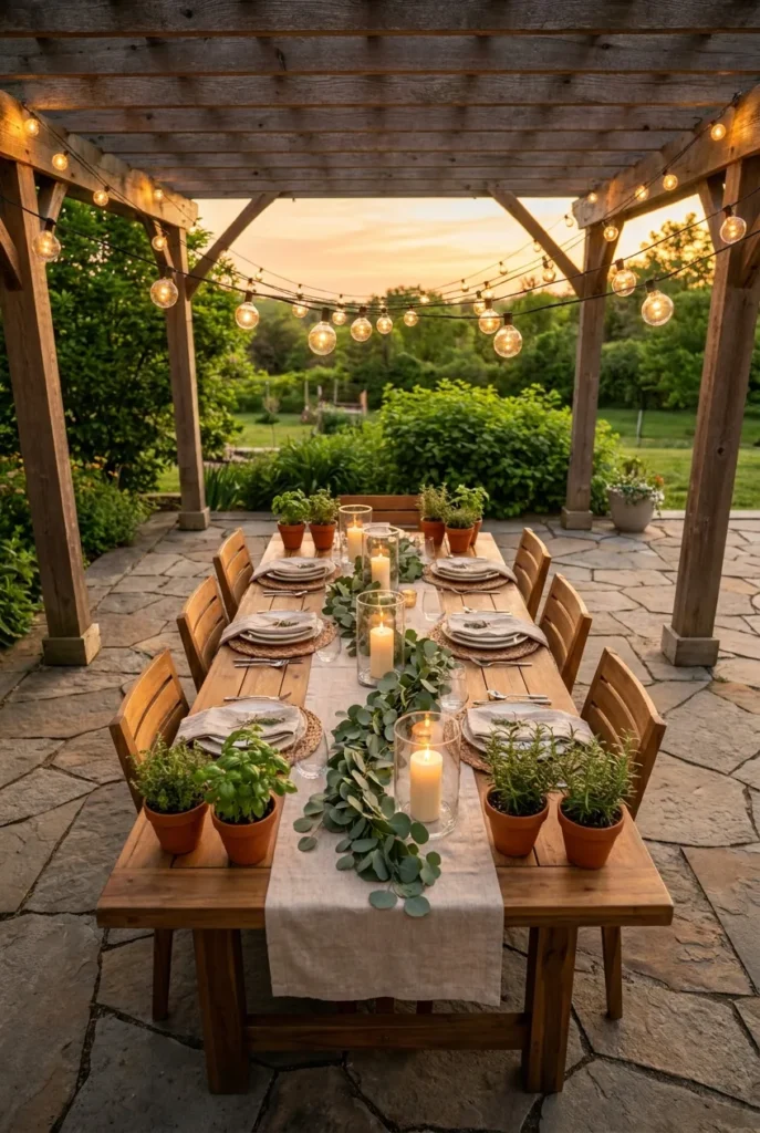 Long acacia outdoor dining table set with string lights at golden hour