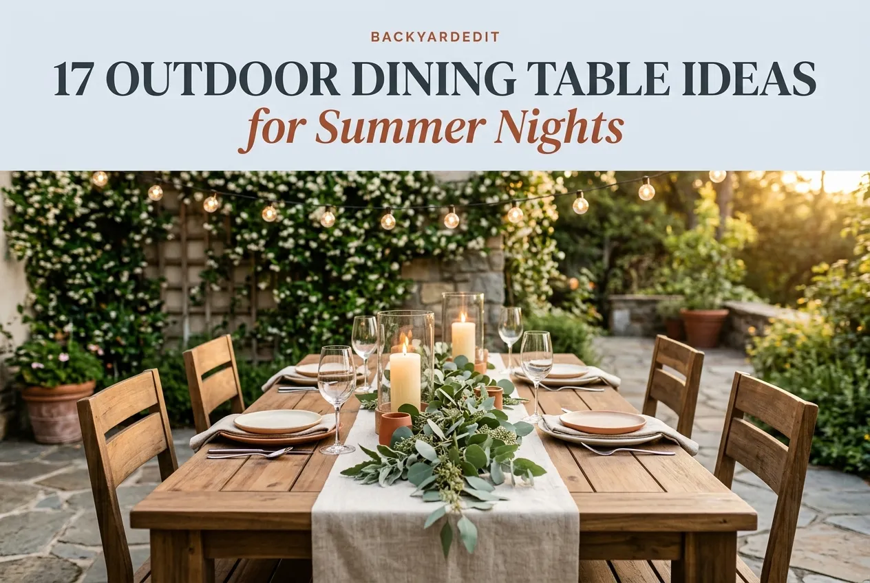 Outdoor dining table ideas for summer nights with string lights and eucalyptus tablescape