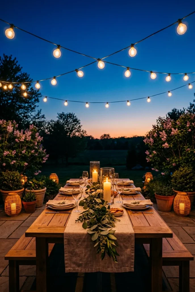 Outdoor dining table ideas with layered string lights and candles at dusk