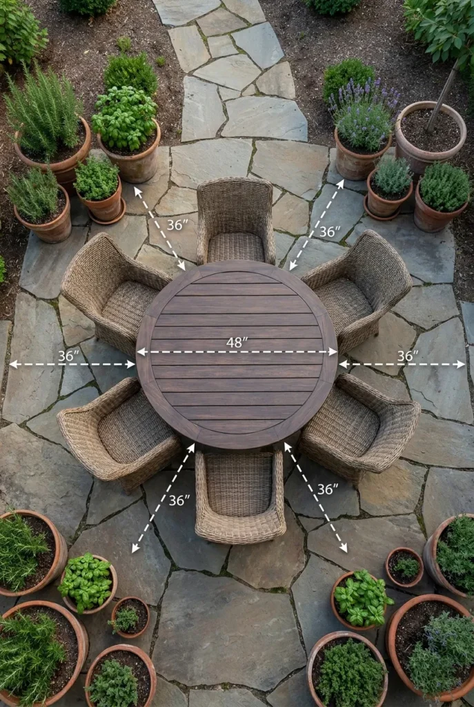 Round outdoor dining table overhead layout with chair clearance