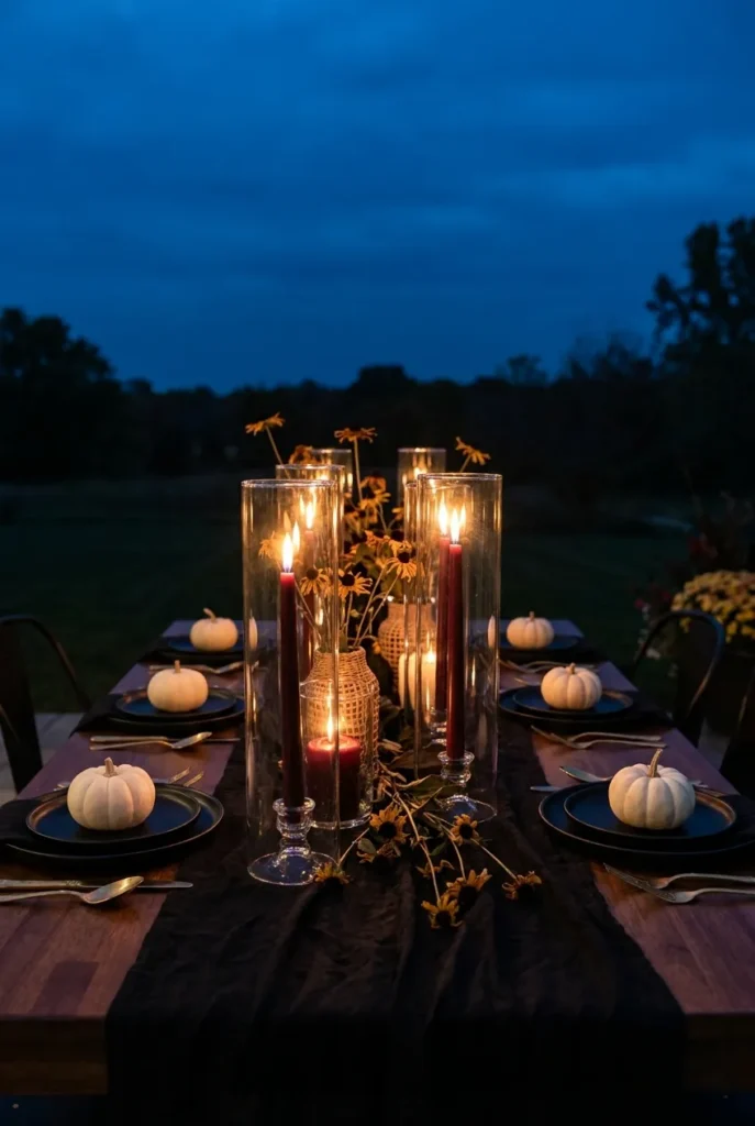 outdoor halloween tablescape ideas with black linen and burgundy candles