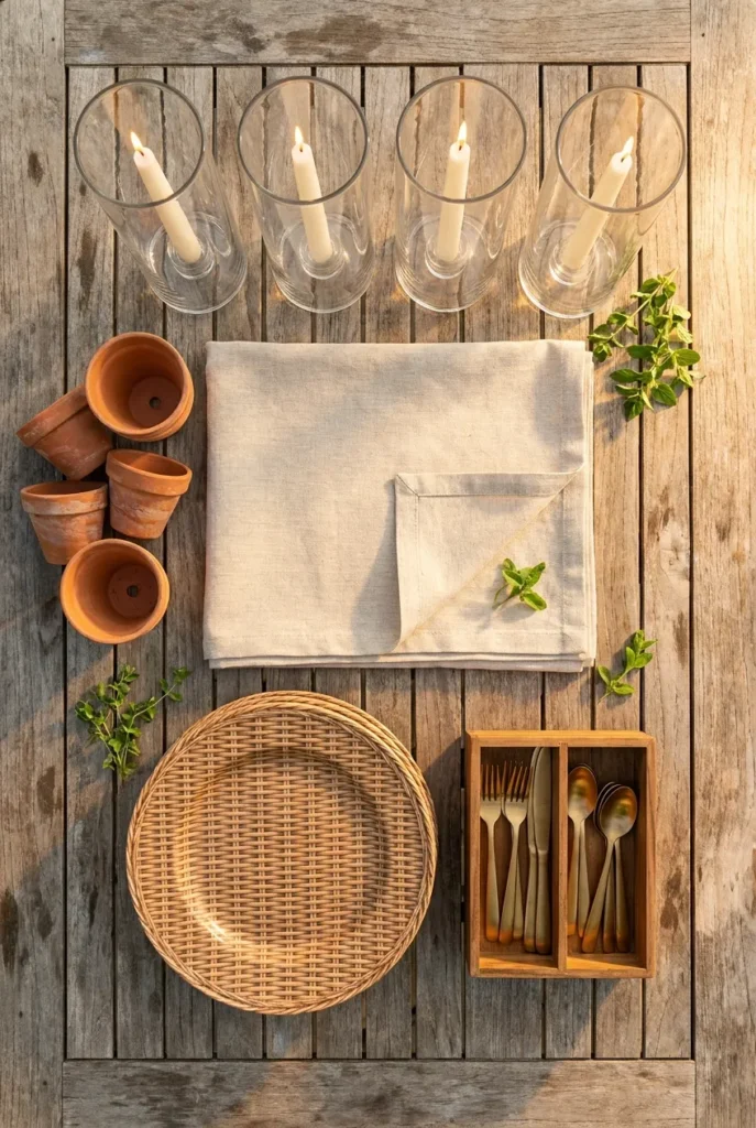 outdoor tablescape base kit flat lay with linen runner and hurricanes
