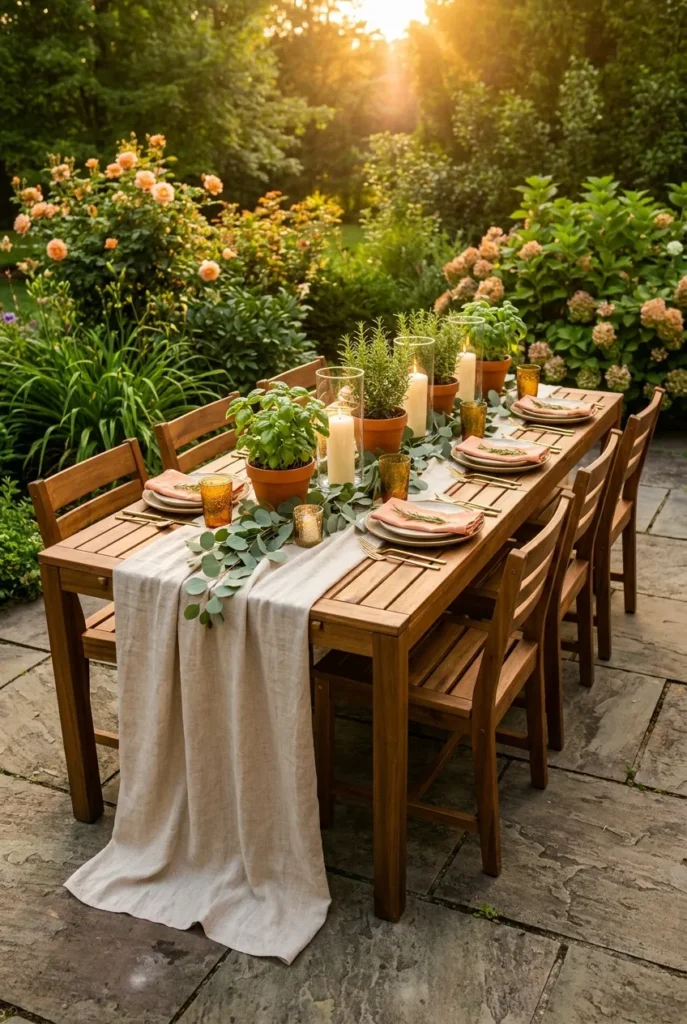 outdoor tablescape ideas on acacia patio table at golden hour FILENAME outdoor-tablescape-ideas-hero.jpg