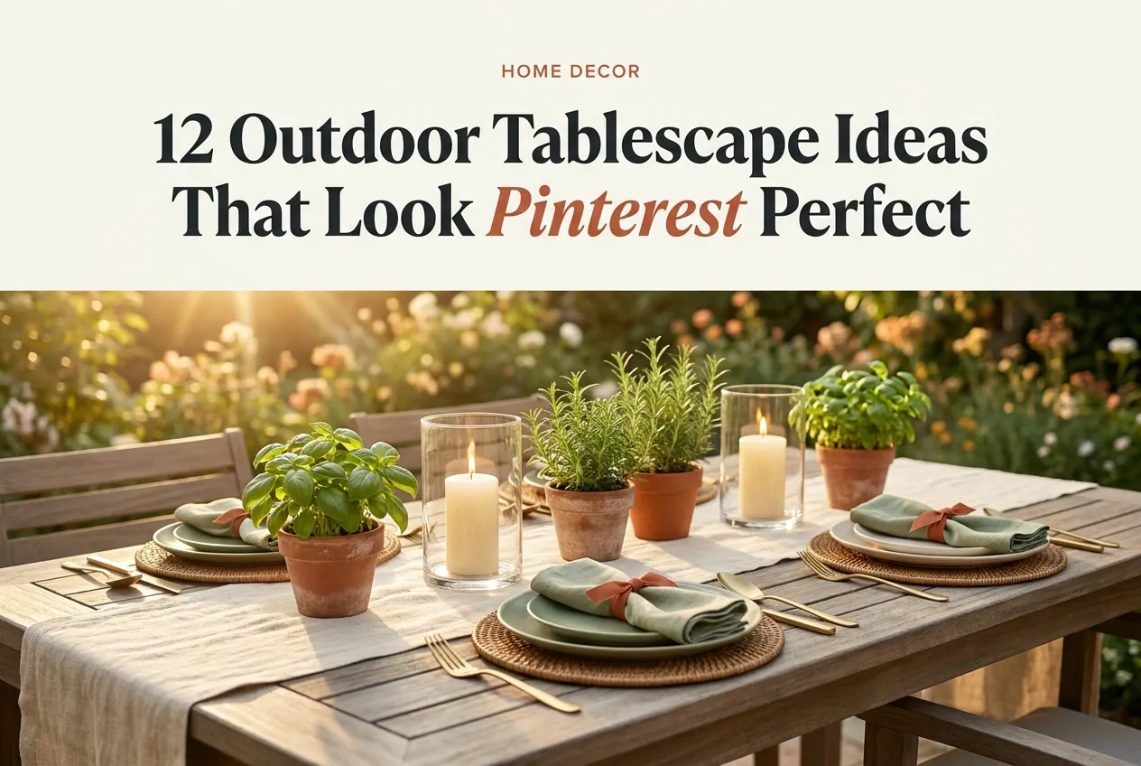 Outdoor tablescape ideas on acacia patio table with linen runner herbs and candles at golden hour