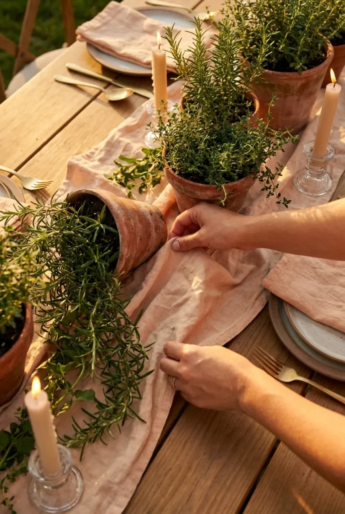 styling an outdoor tablescape with linen runner and brass flatware