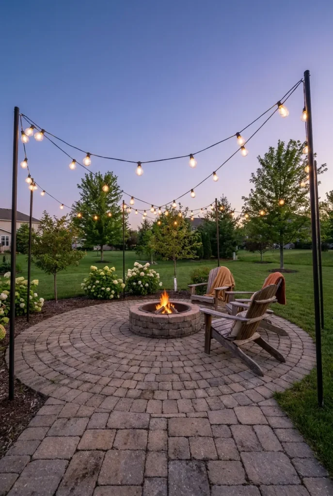budget paver patio with fire pit and string lights small yard