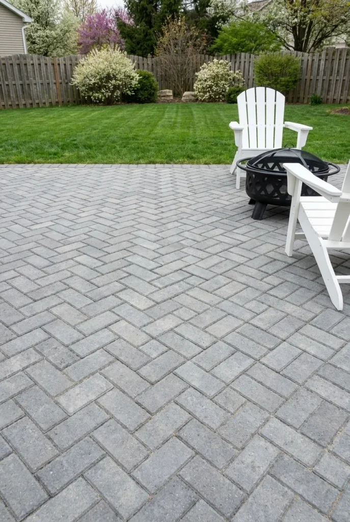 budget paver patio ideas with fire pit in small backyard
