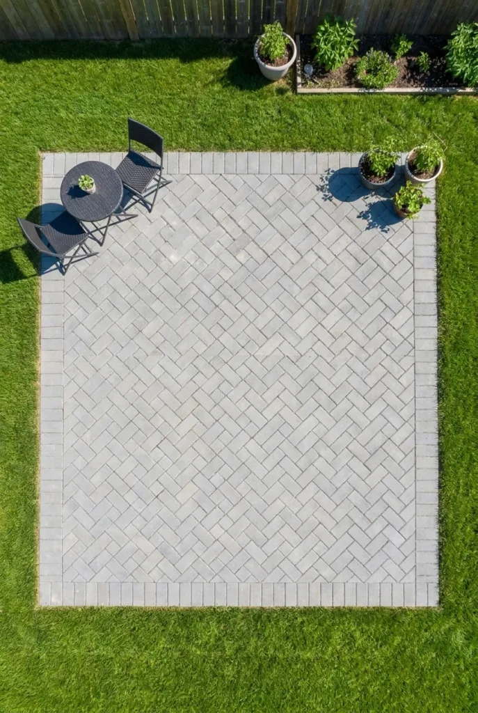 herringbone paver patio layout idea for small backyard